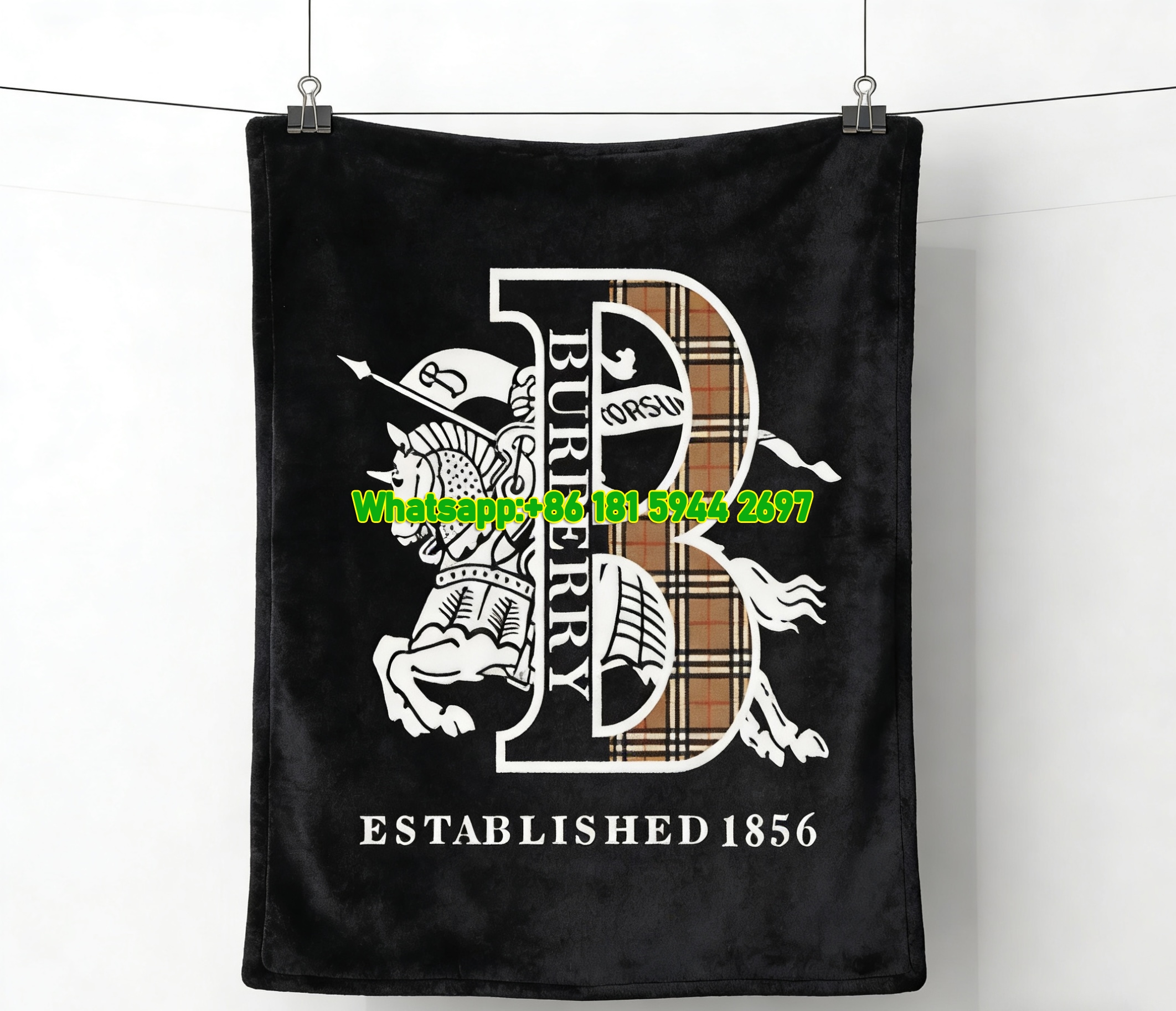 Burberry Vintage Equestrian Knight Plaid B Logo Flannel Throw Blanket B122